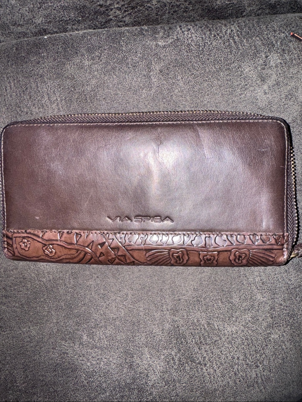Via Spiga vintage Leather Zip-Around Wallet with Embossed Trim